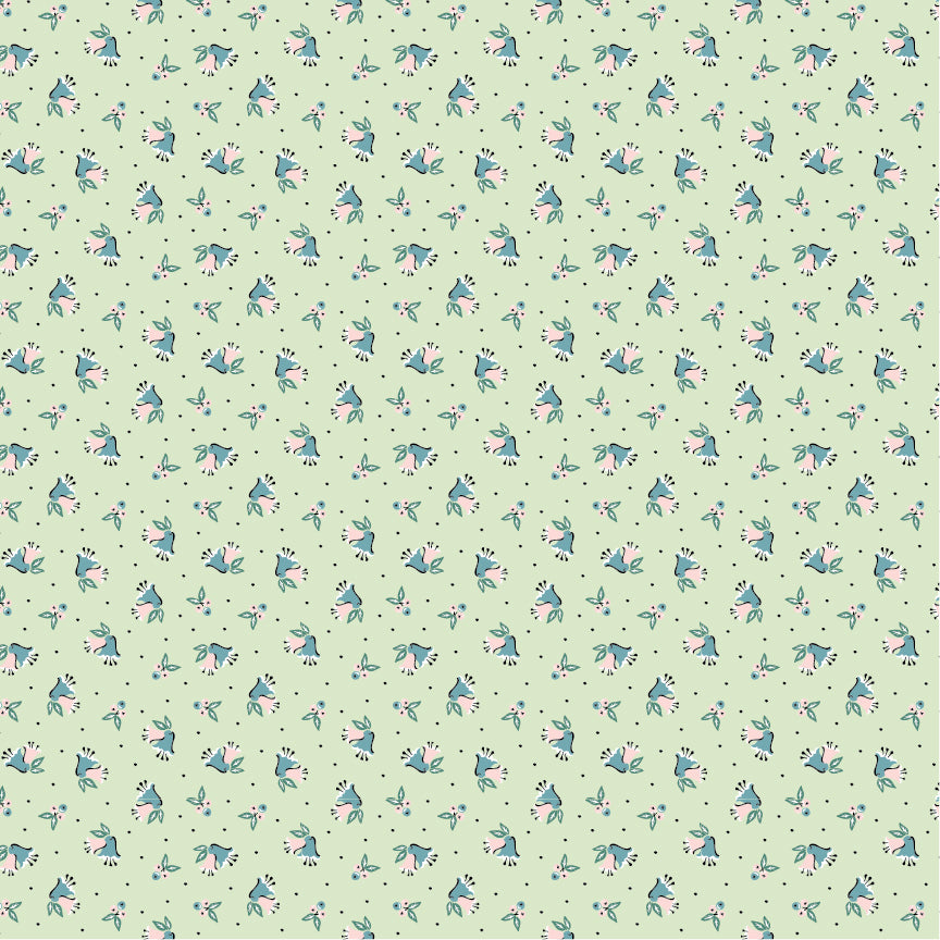 Frost and Flurry is a lovely winter wonderland collection of snowmen, reindeer, owls, fox, ornaments, snowflakes, tossed flowers and winter berries. This pattern is berries and bells repeating clusters of winter berries, holly leaves, and small bells arranged in a tossed or lightly directional pattern on a mint/pale green background for a softer, vintage look