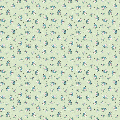 Frost and Flurry is a lovely winter wonderland collection of snowmen, reindeer, owls, fox, ornaments, snowflakes, tossed flowers and winter berries. This pattern is berries and bells repeating clusters of winter berries, holly leaves, and small bells arranged in a tossed or lightly directional pattern on a mint/pale green background for a softer, vintage look