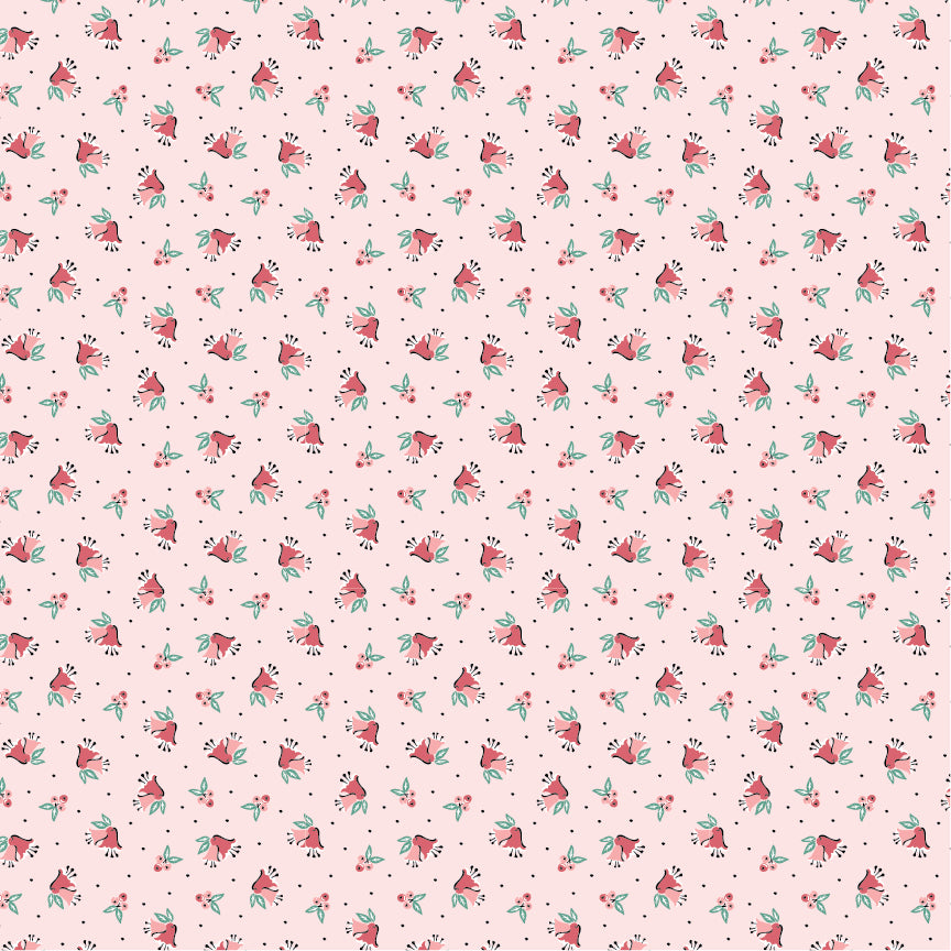 Frost and Flurry is a lovely winter wonderland collection of snowmen, reindeer, owls, fox, ornaments, snowflakes, tossed flowers and winter berries. This pattern is berries and bells repeating clusters of winter berries, holly leaves, and small bells arranged in a tossed or lightly directional pattern on a Pink/ blush pink background with festive red and green accents
