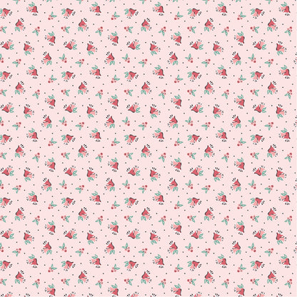 Frost and Flurry is a lovely winter wonderland collection of snowmen, reindeer, owls, fox, ornaments, snowflakes, tossed flowers and winter berries. This pattern is berries and bells repeating clusters of winter berries, holly leaves, and small bells arranged in a tossed or lightly directional pattern on a Pink/ blush pink background with festive red and green accents