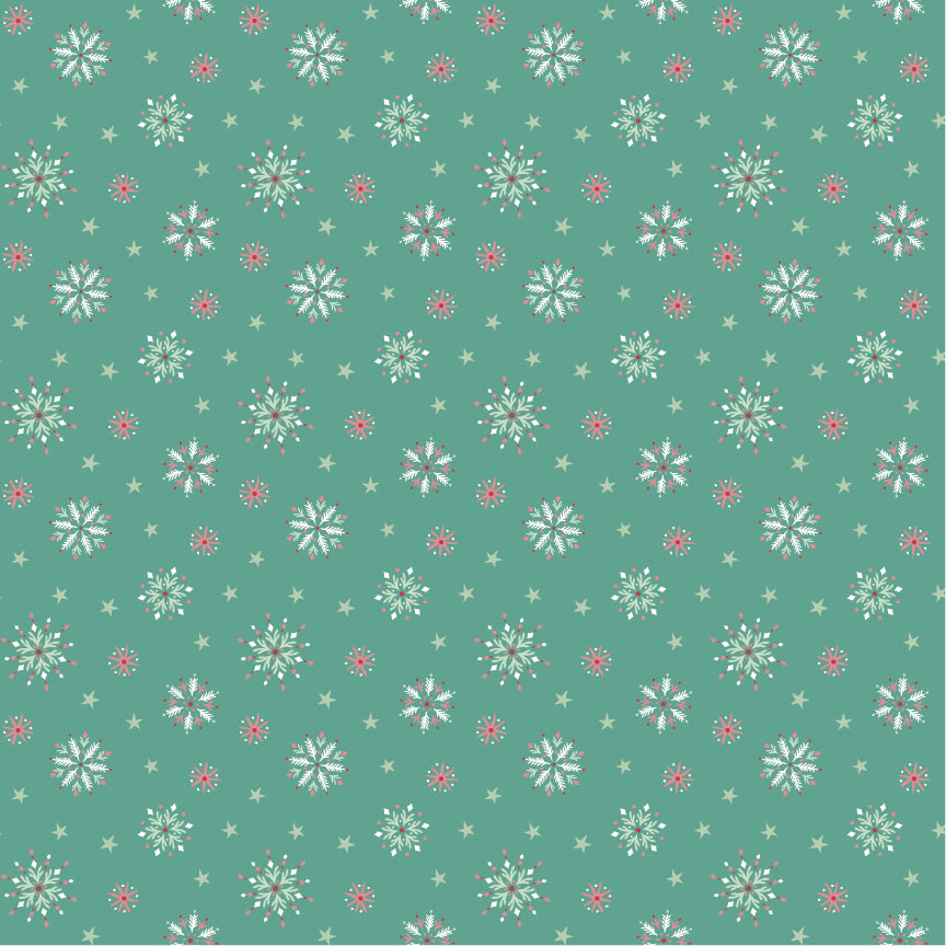 Frost and Flurry is a lovely winter wonderland collection of snowmen, reindeer, owls, fox, ornaments, snowflakes, tossed flowers and winter berries. This pattern is flurry flakes clusters (also called snowflake prints)
has Scattered or evenly spaced snowflakes with a Mix of sizes (small + medium flakes) Often slightly stylized or whimsical rather than geometric
on a green background