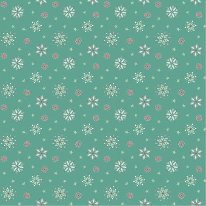 Frost and Flurry is a lovely winter wonderland collection of snowmen, reindeer, owls, fox, ornaments, snowflakes, tossed flowers and winter berries. This pattern is flurry flakes clusters (also called snowflake prints)
has Scattered or evenly spaced snowflakes with a Mix of sizes (small + medium flakes) Often slightly stylized or whimsical rather than geometric
on a green background