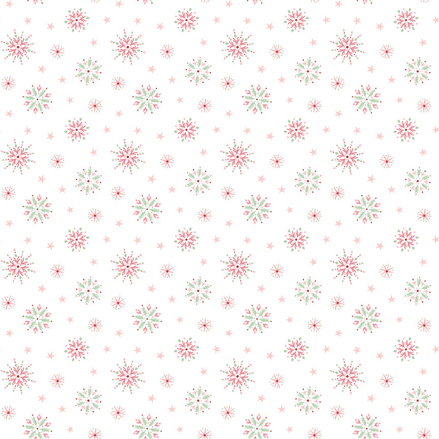 Frost and Flurry is a lovely winter wonderland collection of snowmen, reindeer, owls, fox, ornaments, snowflakes, tossed flowers and winter berries. This pattern is flurry flakes clusters (also called snowflake prints)
has Scattered or evenly spaced snowflakes with a Mix of sizes (small + medium flakes) Often slightly stylized or whimsical rather than geometric
on a white background