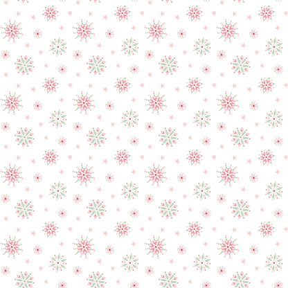Frost and Flurry is a lovely winter wonderland collection of snowmen, reindeer, owls, fox, ornaments, snowflakes, tossed flowers and winter berries. This pattern is flurry flakes clusters (also called snowflake prints)
has Scattered or evenly spaced snowflakes with a Mix of sizes (small + medium flakes) Often slightly stylized or whimsical rather than geometric
on a white background