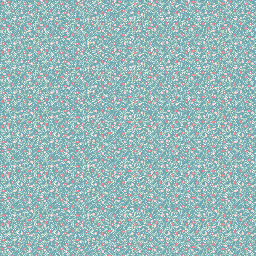 In the Frost & Flurry fabric collection by Sheri McCulley (for Poppie Cotton), the “Frosted Berries” prints are designed to capture a soft, wintry version of classic holiday berry motifs. The design features small, scattered berries attached to delicate branches, arranged in an allover, tossed layout rather than formal repeats. Background is icy blue