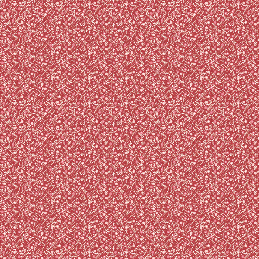 In the Frost & Flurry fabric collection by Sheri McCulley (for Poppie Cotton), the “Frosted Berries” prints are designed to capture a soft, wintry version of classic holiday berry motifs. The design features small, scattered berries attached to delicate branches, arranged in an allover, tossed layout rather than formal repeats. Background is red