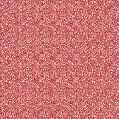 In the Frost & Flurry fabric collection by Sheri McCulley (for Poppie Cotton), the “Frosted Berries” prints are designed to capture a soft, wintry version of classic holiday berry motifs. The design features small, scattered berries attached to delicate branches, arranged in an allover, tossed layout rather than formal repeats. Background is red