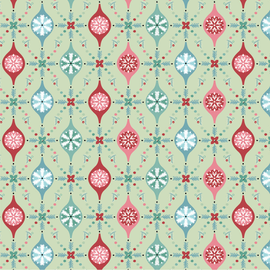In the Frost & Flurry fabric collection by Sheri McCulley (for Poppie Cotton), this pattern portrays ornaments in red mint and white running vertically in the fabric connected by stitches, pattern captures wintry version of classic holiday ornaments. Background is minty green