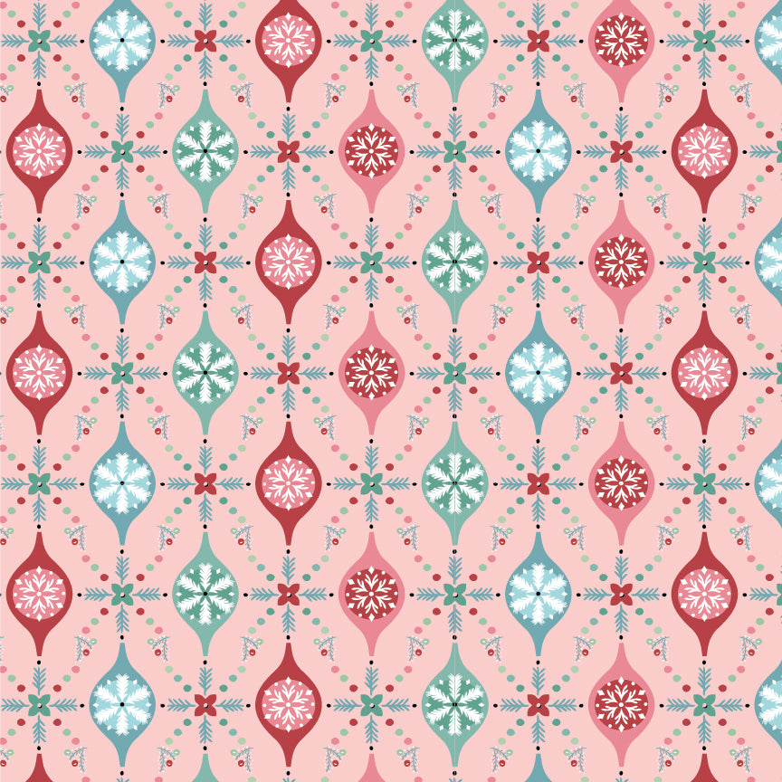 In the Frost & Flurry fabric collection by Sheri McCulley (for Poppie Cotton), this pattern portrays ornaments in red mint and white running vertically in the fabric connected by stitches, pattern captures wintry version of classic holiday ornaments. Background is pink