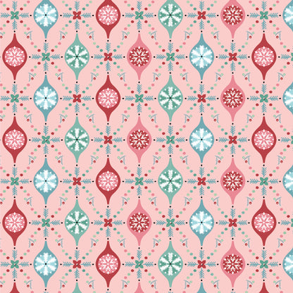 In the Frost & Flurry fabric collection by Sheri McCulley (for Poppie Cotton), this pattern portrays ornaments in red mint and white running vertically in the fabric connected by stitches, pattern captures wintry version of classic holiday ornaments. Background is pink