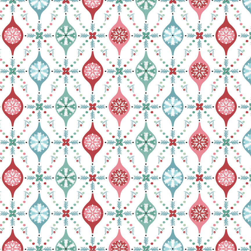 In the Frost & Flurry fabric collection by Sheri McCulley (for Poppie Cotton), this pattern portrays ornaments in red mint and white running vertically in the fabric connected by stitches, pattern captures wintry version of classic holiday ornaments. Background is white