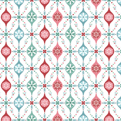 In the Frost & Flurry fabric collection by Sheri McCulley (for Poppie Cotton), this pattern portrays ornaments in red mint and white running vertically in the fabric connected by stitches, pattern captures wintry version of classic holiday ornaments. Background is white