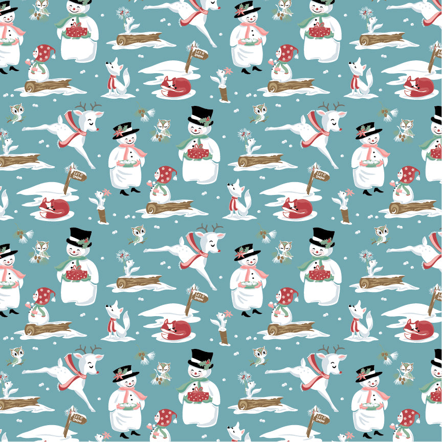 The “Mr. & Mrs. Flurry – Blue” print from the Frost & Flurry collection by Sheri McCulley for Poppie Cotton is a whimsical winter-themed fabric with a soft, storybook feel. Set on a light, icy blue background with snowy-day feel
 “Mr. & Mrs. Flurry” are the stars of the print shown wearing top hats, scarves, style is a cute, slightly vintage/folk-art way. They are surrounded by other winter animals and elements, including Reindeer Owls and Foxes
