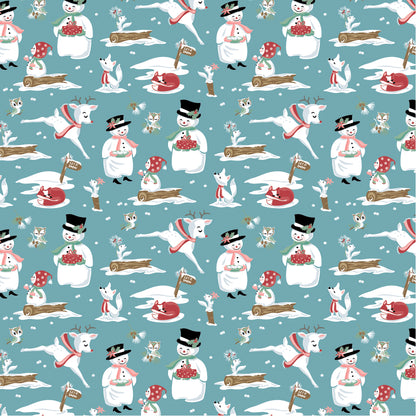 The “Mr. & Mrs. Flurry – Blue” print from the Frost & Flurry collection by Sheri McCulley for Poppie Cotton is a whimsical winter-themed fabric with a soft, storybook feel. Set on a light, icy blue background with snowy-day feel
 “Mr. & Mrs. Flurry” are the stars of the print shown wearing top hats, scarves, style is a cute, slightly vintage/folk-art way. They are surrounded by other winter animals and elements, including Reindeer Owls and Foxes