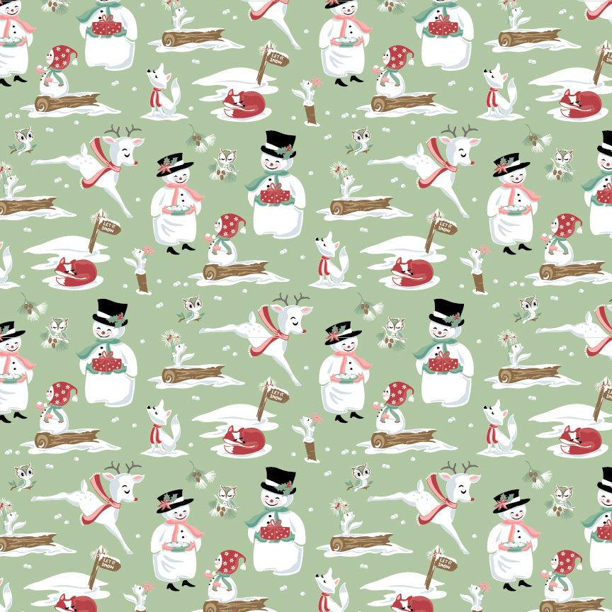 The “Mr. & Mrs. Flurry – Green” print from the Frost & Flurry collection by Sheri McCulley for Poppie Cotton is a whimsical winter-themed fabric with a soft, storybook feel. Set on a light, minty green background with snowy-day feel  “Mr. & Mrs. Flurry” are the stars of the print shown wearing top hats, scarves, style is a cute, slightly vintage/folk-art way. They are surrounded by other winter animals and elements, including Reindeer Owls and Foxes