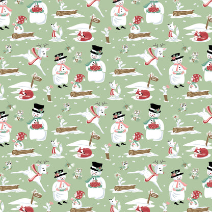 The “Mr. & Mrs. Flurry – Green” print from the Frost & Flurry collection by Sheri McCulley for Poppie Cotton is a whimsical winter-themed fabric with a soft, storybook feel. Set on a light, minty green background with snowy-day feel  “Mr. & Mrs. Flurry” are the stars of the print shown wearing top hats, scarves, style is a cute, slightly vintage/folk-art way. They are surrounded by other winter animals and elements, including Reindeer Owls and Foxes