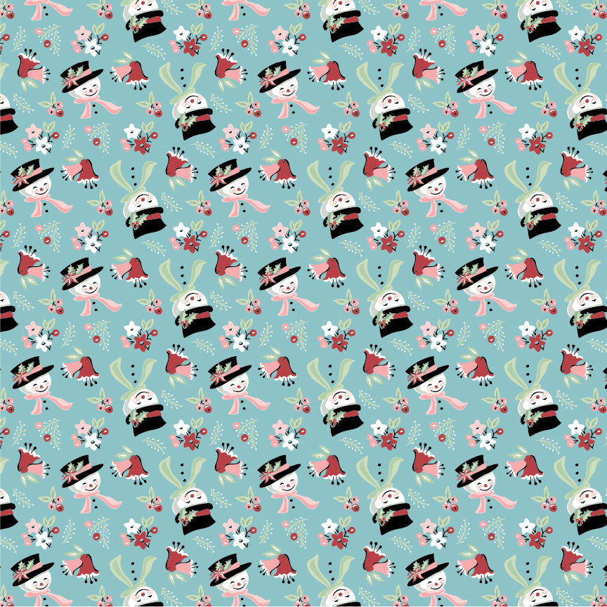 The “Mr. & Mrs. Flurry – Light Blue” print from the Frost & Flurry collection by Sheri McCulley for Poppie Cotton is a whimsical winter-themed fabric with a soft, storybook feel. Set on a light blue background with snowy-day feel  “Mr. & Mrs. Flurry” are the stars of the print shown wearing top hats, scarves, style is a cute, slightly vintage/folk-art way. They are surrounded by other winter animals and elements, including Reindeer Owls and Foxes