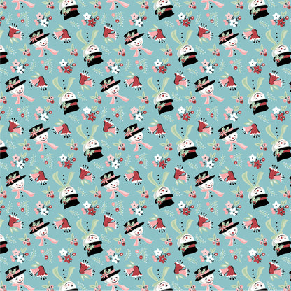 The “Mr. & Mrs. Flurry – Light Blue” print from the Frost & Flurry collection by Sheri McCulley for Poppie Cotton is a whimsical winter-themed fabric with a soft, storybook feel. Set on a light blue background with snowy-day feel  “Mr. & Mrs. Flurry” are the stars of the print shown wearing top hats, scarves, style is a cute, slightly vintage/folk-art way. They are surrounded by other winter animals and elements, including Reindeer Owls and Foxes