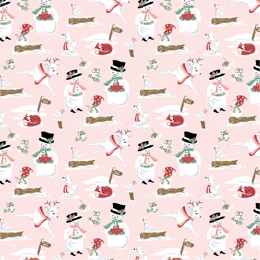 The “Mr. & Mrs. Flurry – Pink” print from the Frost & Flurry collection by Sheri McCulley for Poppie Cotton is a whimsical winter-themed fabric with a soft, storybook feel. Set on a pink background with snowy-day feel
 “Mr. & Mrs. Flurry” are the stars of the print shown wearing top hats, scarves, style is a cute, slightly vintage/folk-art way. They are surrounded by other winter animals and elements, including Reindeer Owls and Foxes