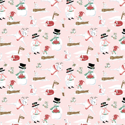The “Mr. & Mrs. Flurry – Pink” print from the Frost & Flurry collection by Sheri McCulley for Poppie Cotton is a whimsical winter-themed fabric with a soft, storybook feel. Set on a pink background with snowy-day feel
 “Mr. & Mrs. Flurry” are the stars of the print shown wearing top hats, scarves, style is a cute, slightly vintage/folk-art way. They are surrounded by other winter animals and elements, including Reindeer Owls and Foxes