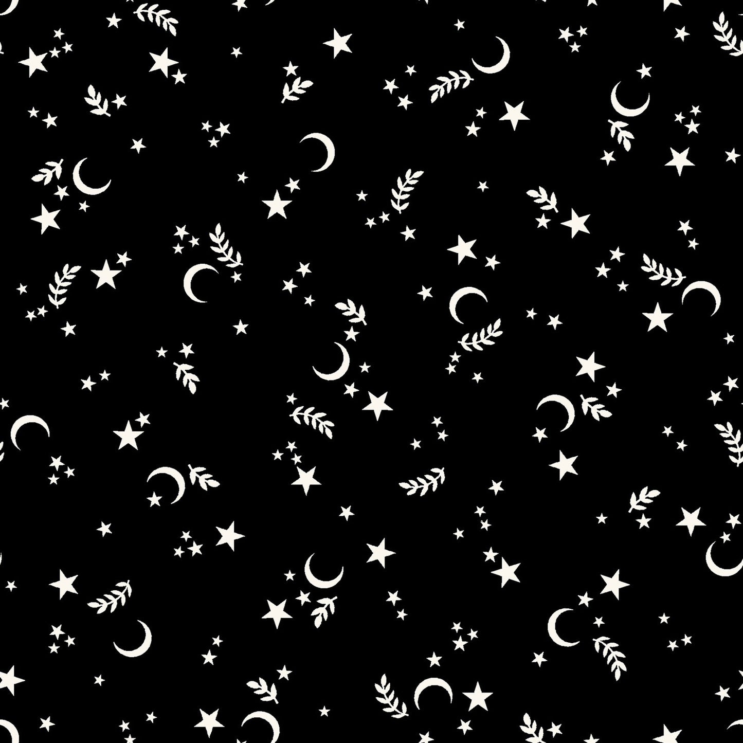 goth gardens fabric collection halloween this pattern has black background with a repeating pattern of white stars, crescent moons, and sprigs. The celestial design is evenly spaced across the surface, creating a whimsical and dreamy aesthetic. 