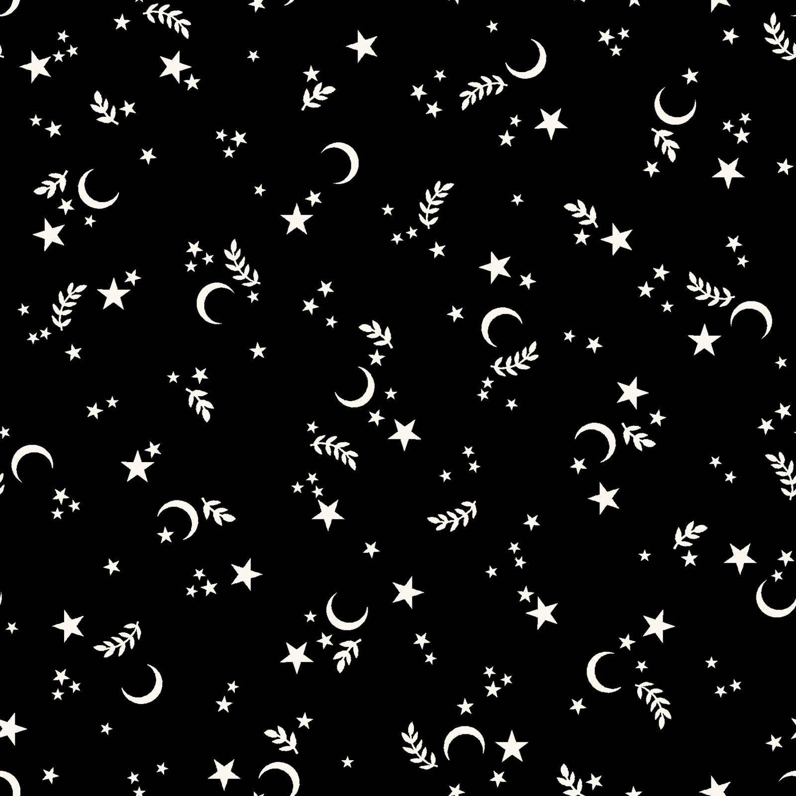 goth gardens fabric collection halloween this pattern has black background with a repeating pattern of white stars, crescent moons, and sprigs. The celestial design is evenly spaced across the surface, creating a whimsical and dreamy aesthetic. 