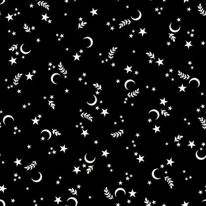 goth gardens fabric collection halloween this pattern has black background with a repeating pattern of white stars, crescent moons, and sprigs. The celestial design is evenly spaced across the surface, creating a whimsical and dreamy aesthetic. 