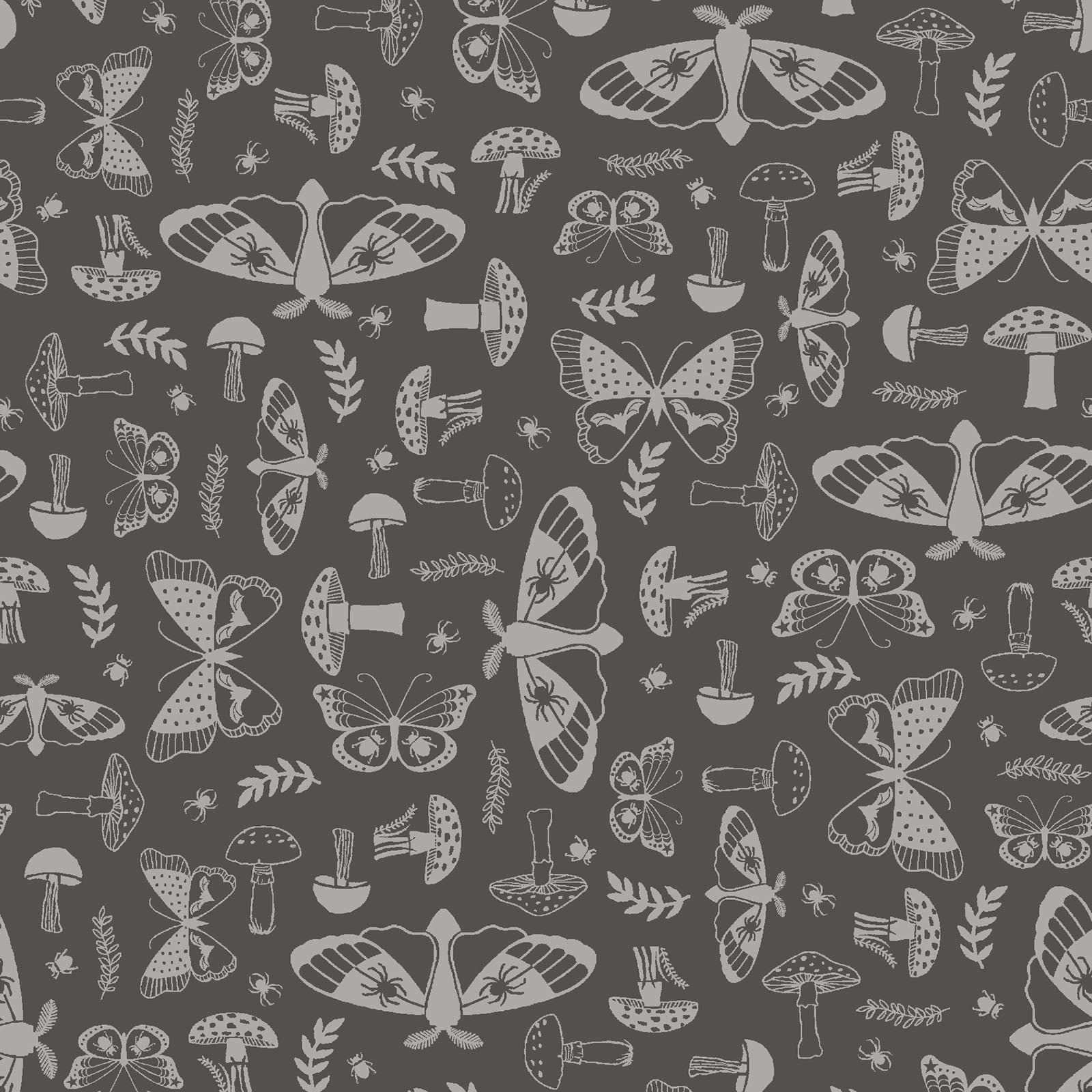 goth gardens fabric collection, this pattern featuring a repeating design of moths, mushrooms, small spiders, and sprigs on a dark gray background. The illustrations are in a light gray color, creating a contrasting and detailed pattern.