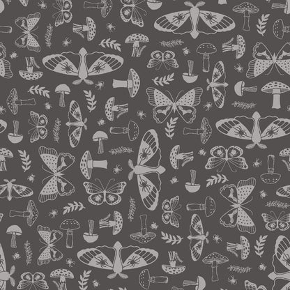 goth gardens fabric collection, this pattern featuring a repeating design of moths, mushrooms, small spiders, and sprigs on a dark gray background. The illustrations are in a light gray color, creating a contrasting and detailed pattern.