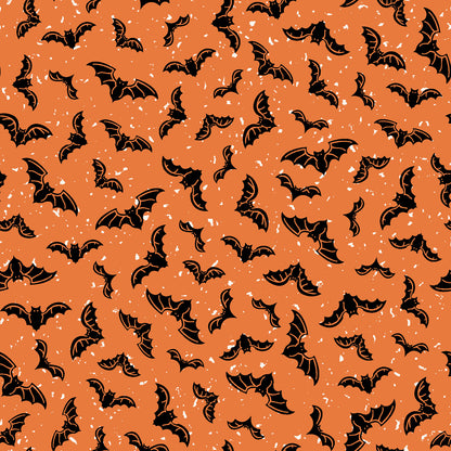 goth gardens fabric collection halloween Pattern of black bats on an orange background