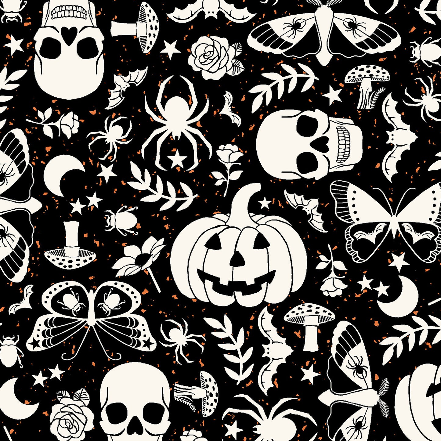 goth gardens cotton  fabric collection Halloween-themed pattern with skulls, pumpkins, spiders o and florals n a black background.