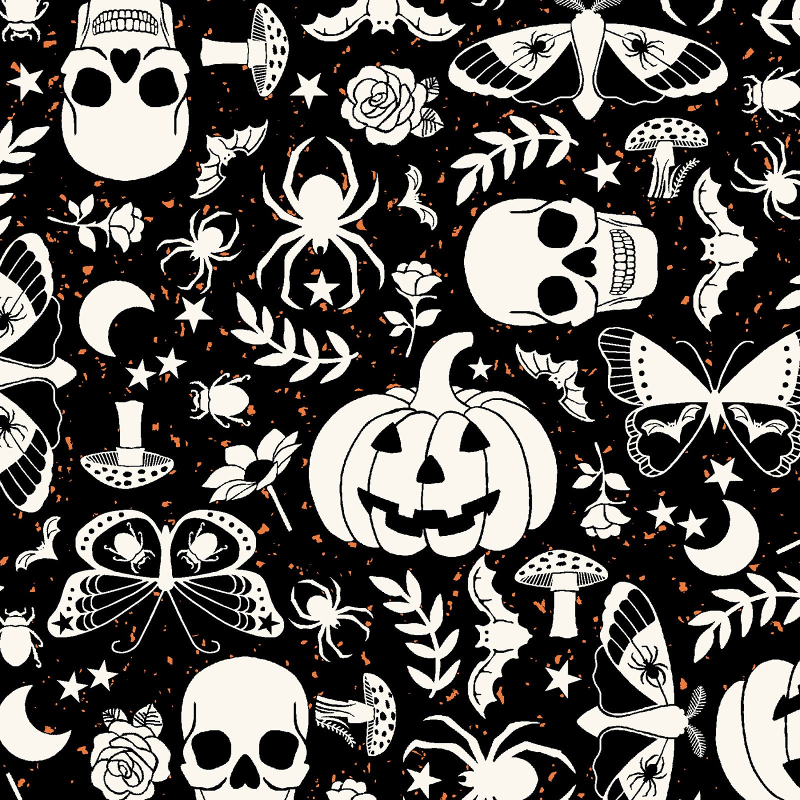 goth gardens cotton  fabric collection Halloween-themed pattern with skulls, pumpkins, spiders o and florals n a black background.