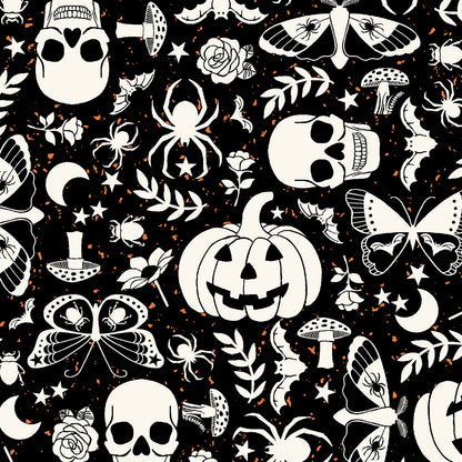 goth gardens cotton  fabric collection Halloween-themed pattern with skulls, pumpkins, spiders o and florals n a black background.