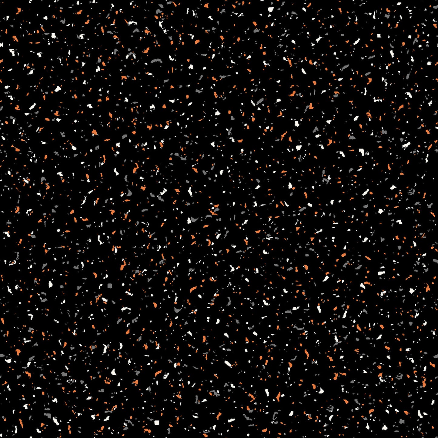 goth gardens fabric collection halloween, this pattern is seamless featuring a black background speckled with small, irregular shapes in white, gray, and muted orange. The design has a terrazzo-like appearance, offering a modern and textured aesthetic.