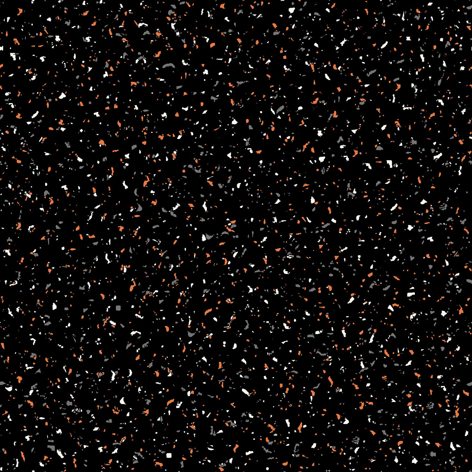 goth gardens fabric collection halloween, this pattern is seamless featuring a black background speckled with small, irregular shapes in white, gray, and muted orange. The design has a terrazzo-like appearance, offering a modern and textured aesthetic.