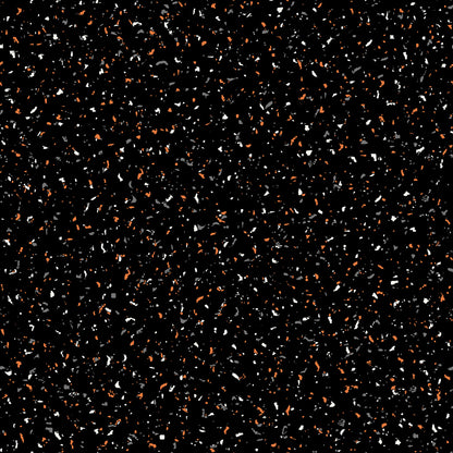 goth gardens fabric collection halloween, this pattern is seamless featuring a black background speckled with small, irregular shapes in white, gray, and muted orange. The design has a terrazzo-like appearance, offering a modern and textured aesthetic.