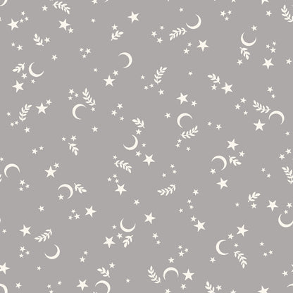goth gardens cotton fabric collection halloween pattern with  White celestial pattern of stars and moons on a gray background