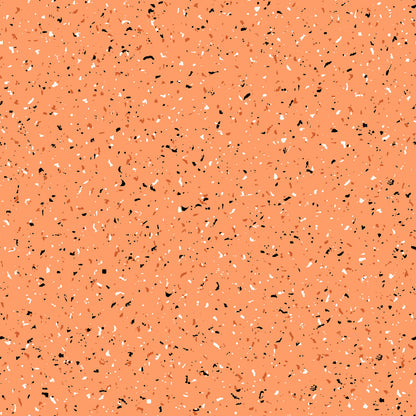 goth gardens fabric collection halloween, this pattern is seamless featuring an orange background speckled with small, irregular shapes in white, gray, and muted orange. The design has a terrazzo-like appearance, offering a modern and textured aesthetic.