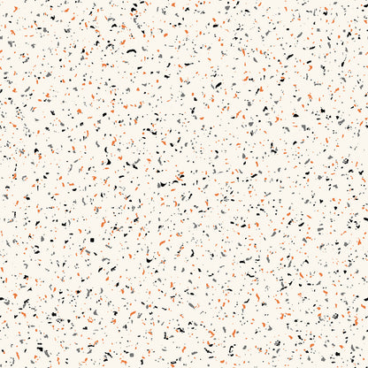 goth gardens fabric collection halloween, this pattern is seamless featuring a white background speckled with small, irregular shapes in white, gray, and muted orange. The design has a terrazzo-like appearance, offering a modern and textured aesthetic.