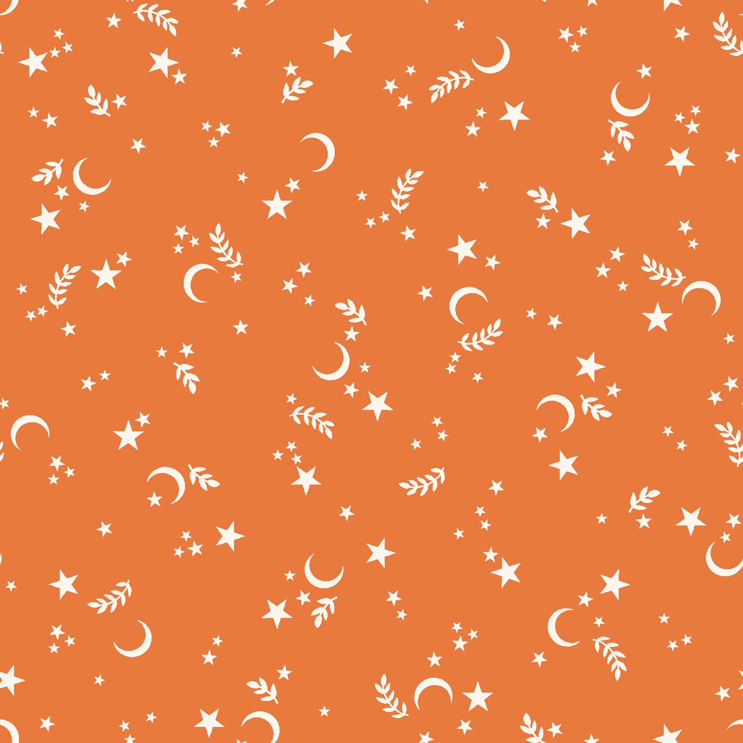 goth gardens fabric collection halloween this pattern has Orange background with a repeating pattern of white stars, crescent moons, and sprigs. The celestial design is evenly spaced across the surface, creating a whimsical and dreamy aesthetic. 