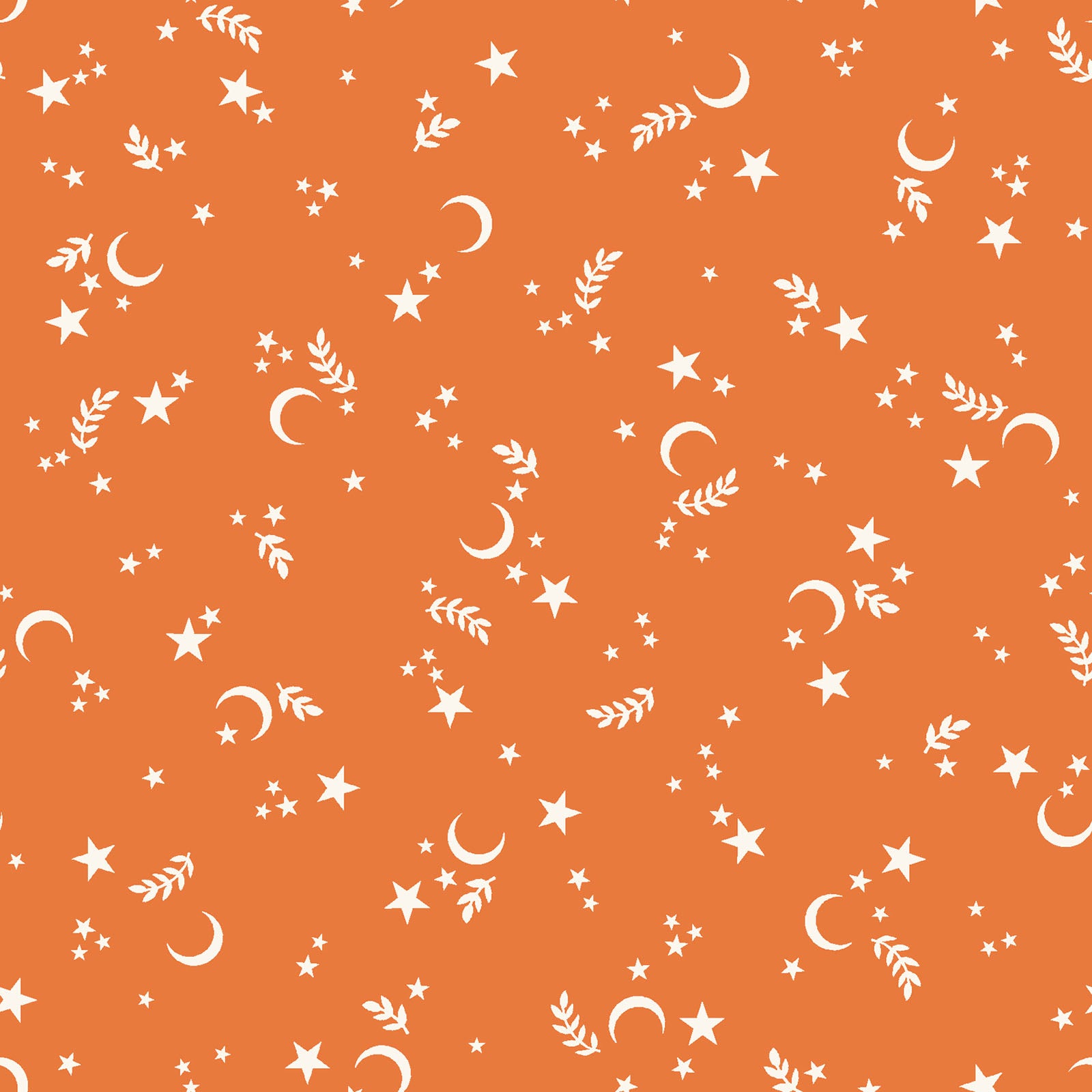 goth gardens fabric collection halloween this pattern has Orange background with a repeating pattern of white stars, crescent moons, and sprigs. The celestial design is evenly spaced across the surface, creating a whimsical and dreamy aesthetic. 