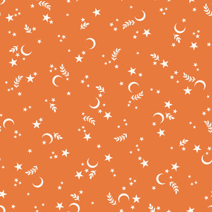 goth gardens fabric collection halloween this pattern has Orange background with a repeating pattern of white stars, crescent moons, and sprigs. The celestial design is evenly spaced across the surface, creating a whimsical and dreamy aesthetic. 
