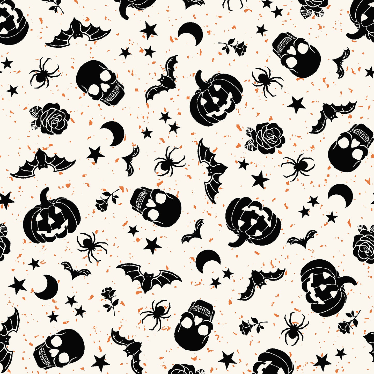 goth gardens fabric collection Halloween-themed pattern with black pumpkins, ghosts, bats and spiders on a white background.