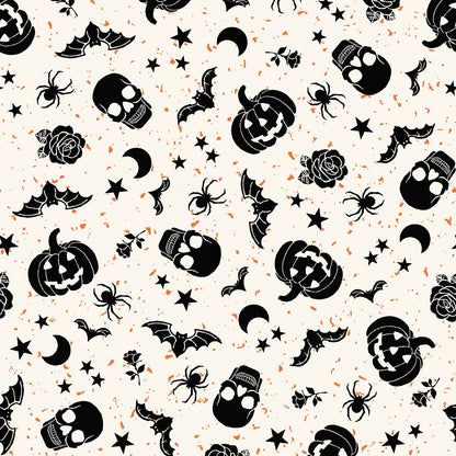 goth gardens fabric collection Halloween-themed pattern with black pumpkins, ghosts, bats and spiders on a white background.