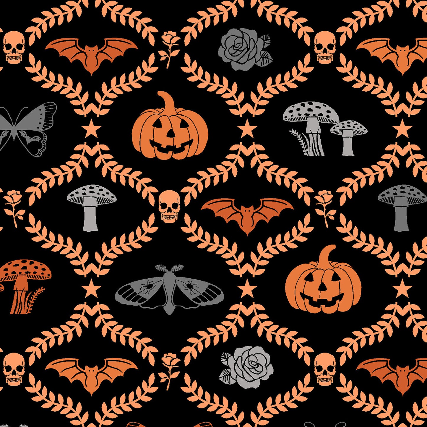 goth gardens fabric collection, this one is a repeating pattern featuring Halloween-themed illustrations. The design includes  bats, jack-o'-lanterns, skulls, mushrooms, roses, and moths, set against a black background. The elements are framed by an orange leaf pattern.
