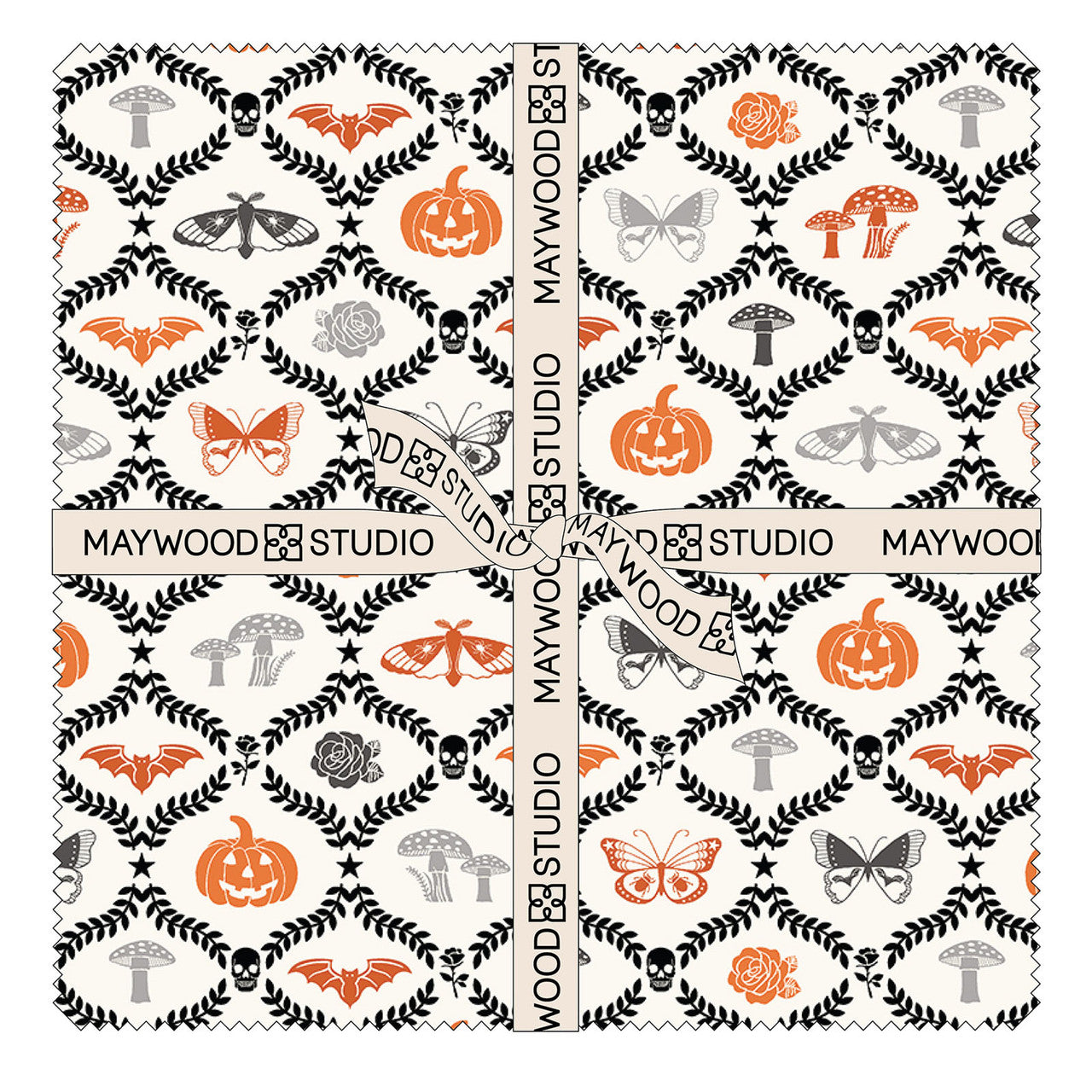 Goth Gardens is a spooky-themed 100 % cotton fabric collection by Maywood Studio featuring victorian & moody textiles in coordinating patterns. The Halloween-inspired imagery includes smiling skulls, haunted roses, bats, and jack-o-lanterns. 