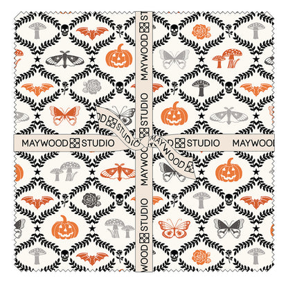 Goth Gardens is a spooky-themed 100 % cotton fabric collection by Maywood Studio featuring victorian & moody textiles in coordinating patterns. The Halloween-inspired imagery includes smiling skulls, haunted roses, bats, and jack-o-lanterns. 