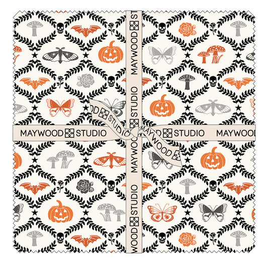Goth Gardens is a spooky-themed 100 % cotton fabric collection by Maywood Studio featuring victorian & moody textiles in coordinating patterns. The Halloween-inspired imagery includes smiling skulls, haunted roses, bats, and jack-o-lanterns. 