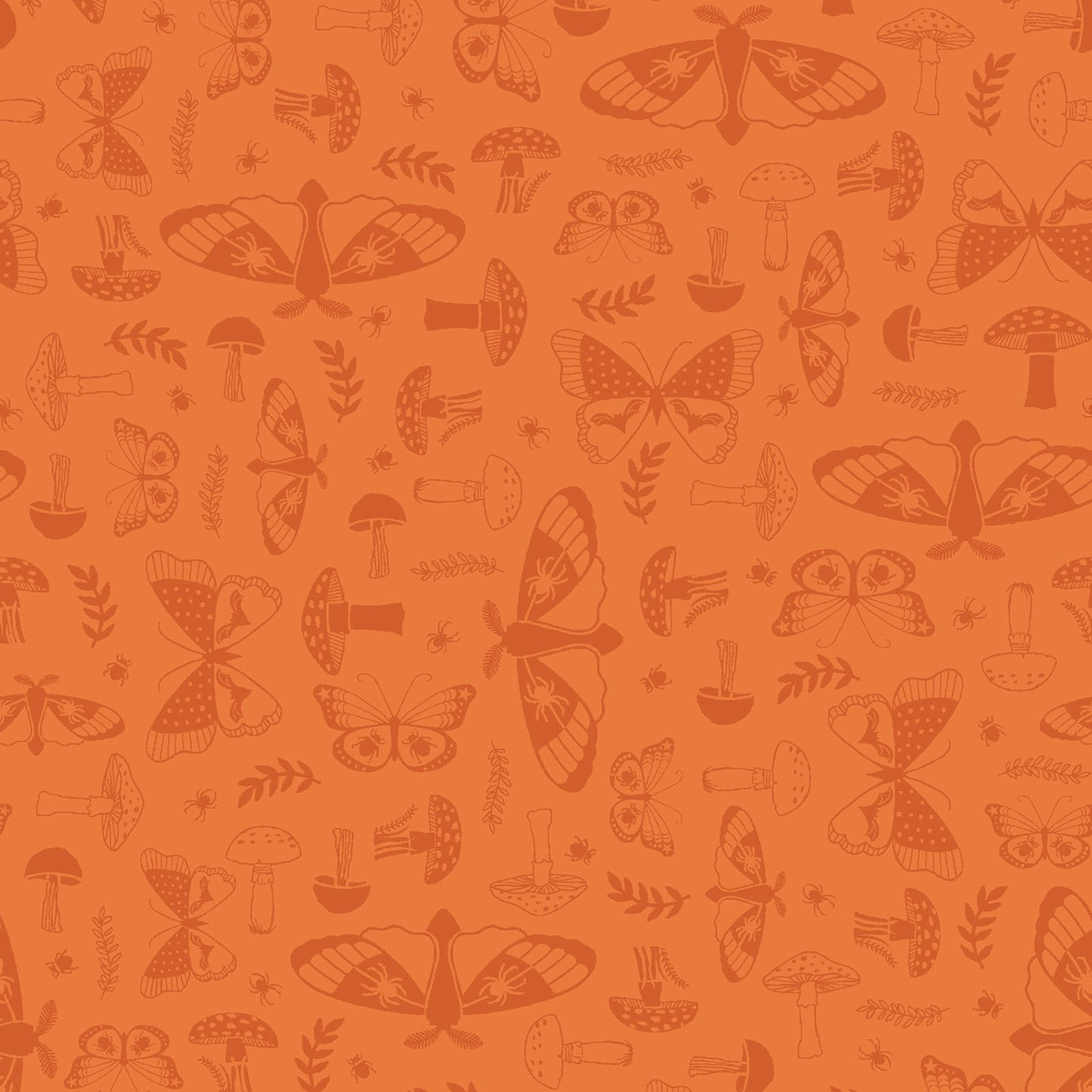 goth gardens fabric collection, this pattern featuring a repeating design of moths, mushrooms, small spiders, and sprigs on a norange background. The illustrations are in a light orange color, creating a contrasting and detailed pattern.