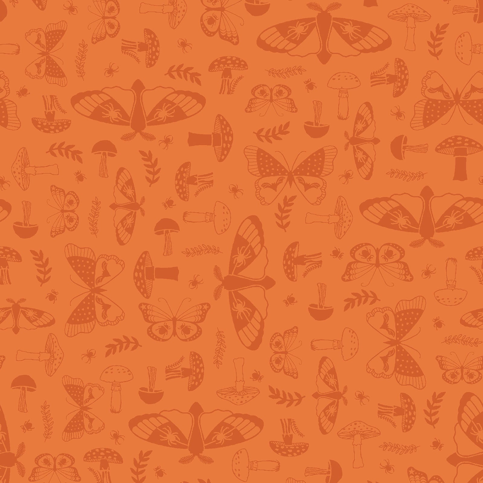 goth gardens fabric collection, this pattern featuring a repeating design of moths, mushrooms, small spiders, and sprigs on a norange background. The illustrations are in a light orange color, creating a contrasting and detailed pattern.
